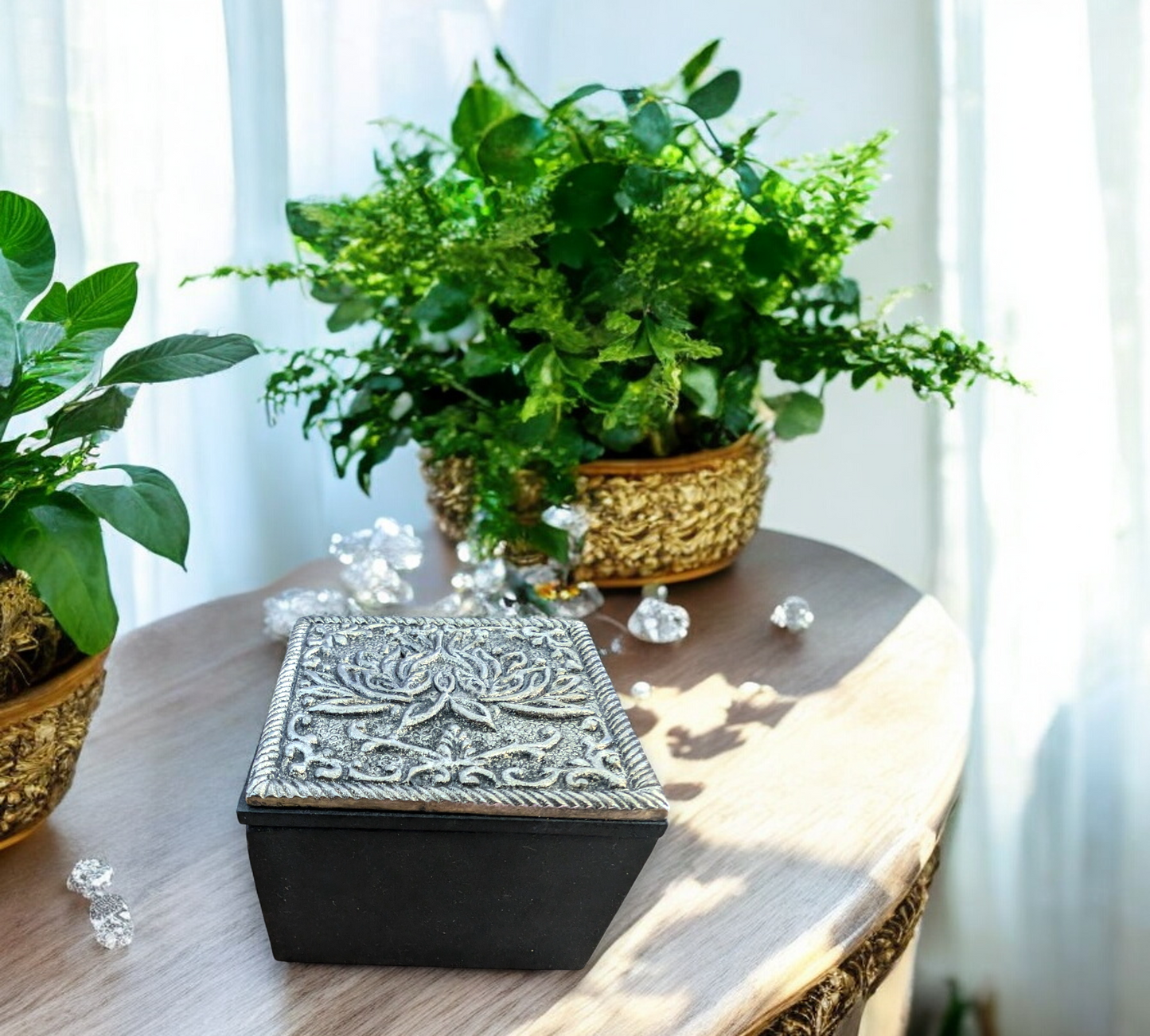 Small Lotus Embossed Wood Trinket Box 6cm