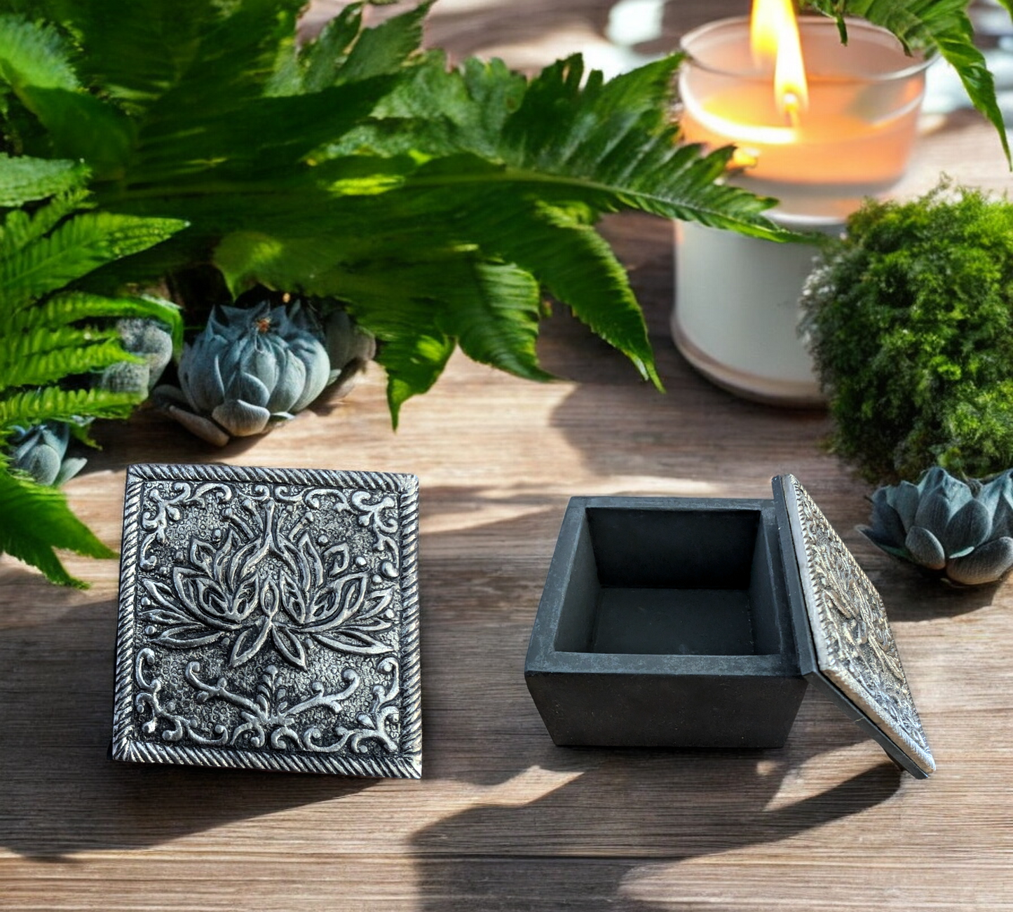 Small Lotus Embossed Wood Trinket Box 6cm