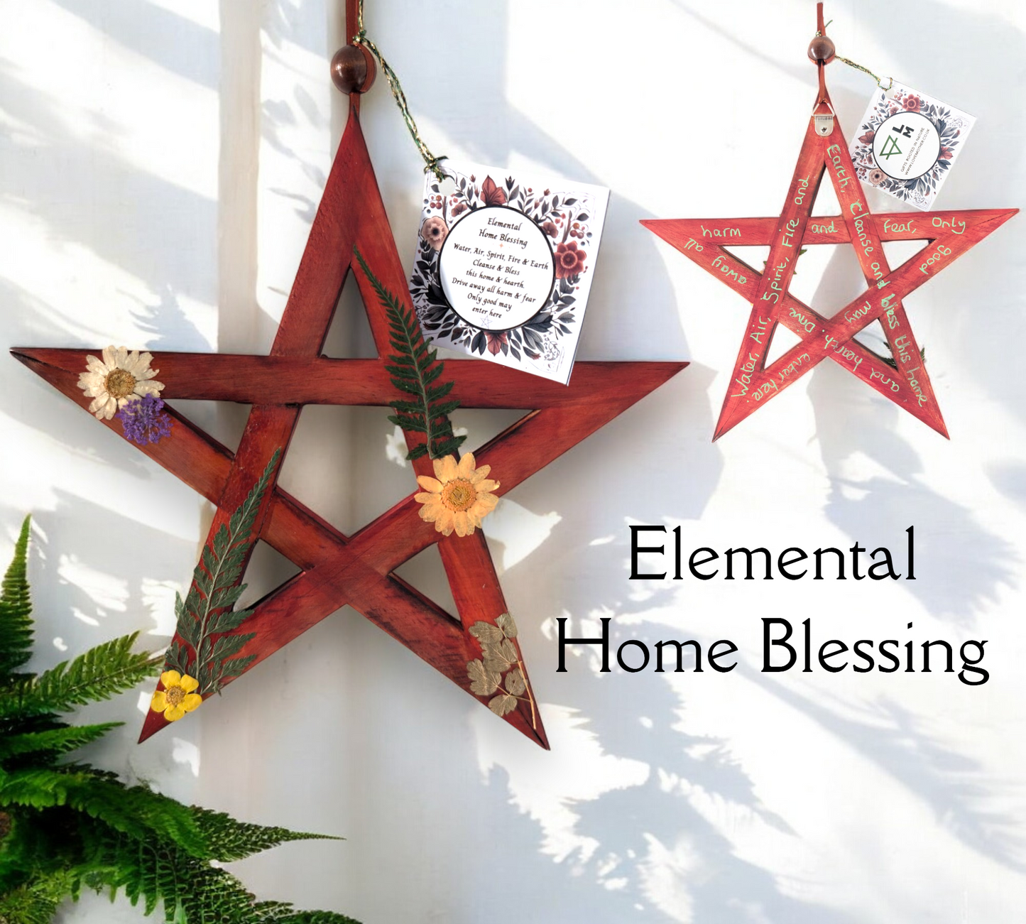 Elemental Home Blessing Wooden Pentagram with Dried Flowers - Rust Red