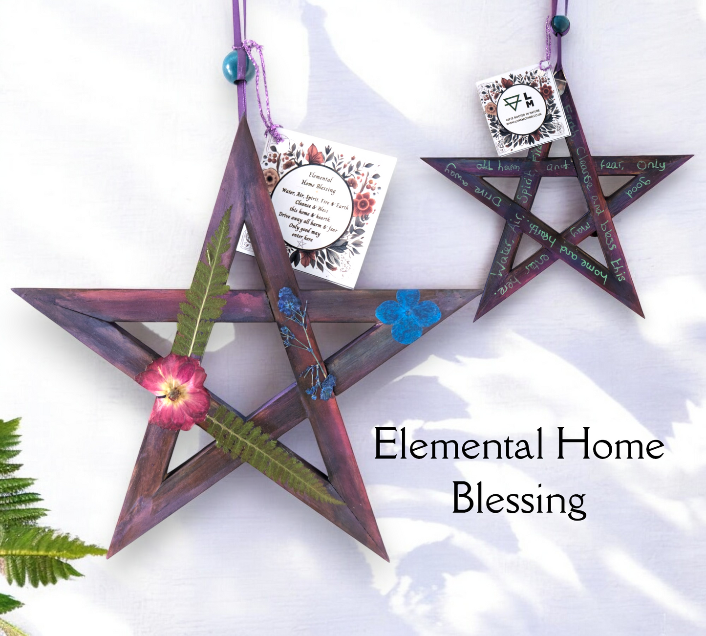 Elemental Home Blessing Wooden Pentagram with Dried Flowers - Purple