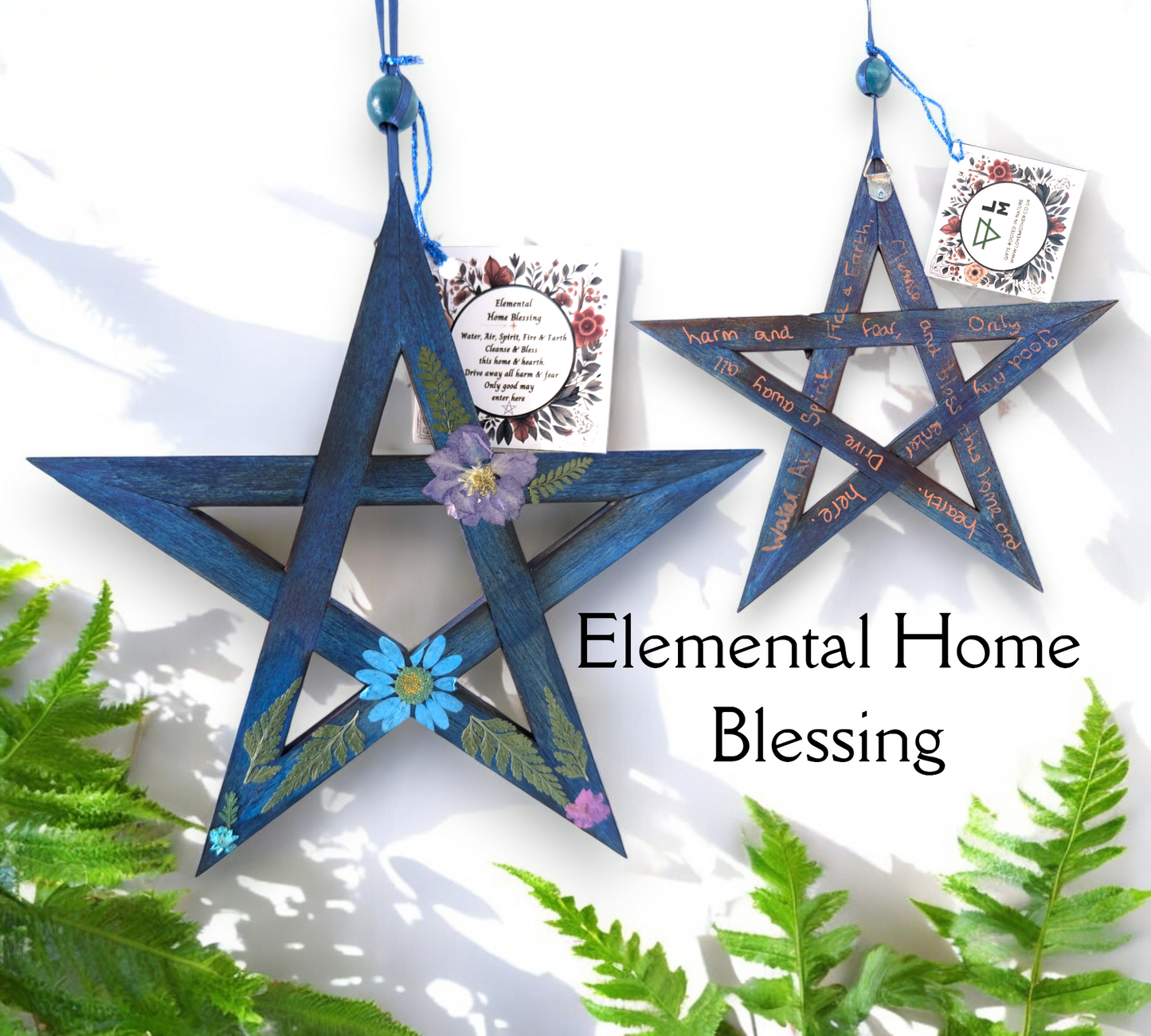 Elemental Home Blessing Wooden Pentagram with Dried Flowers - Blues