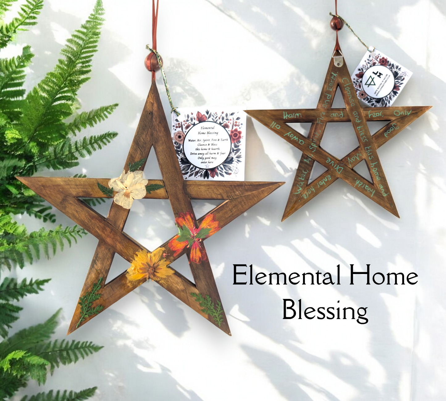 Elemental Home Blessing Wooden Pentagram with Dried Flowers