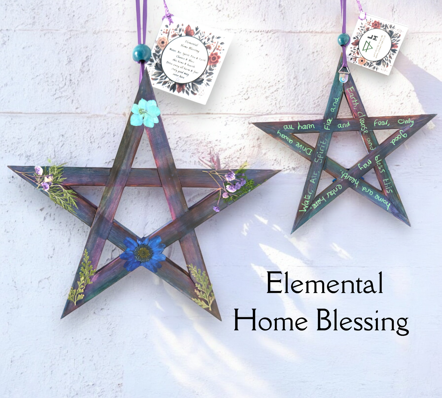 Elemental Home Blessing Wooden Pentagram with Dried Flowers - Peacock Purple