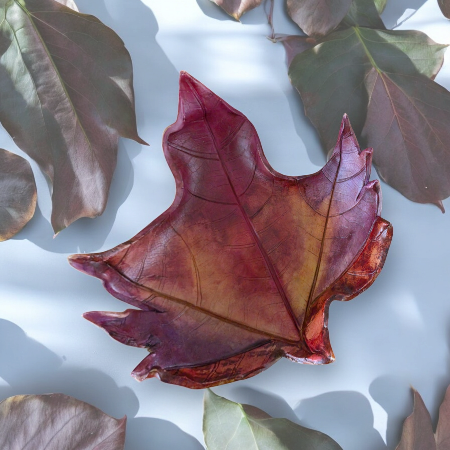 Hand Crafted Unique Red Yellow  Leaf Dish Sculpture 13cm