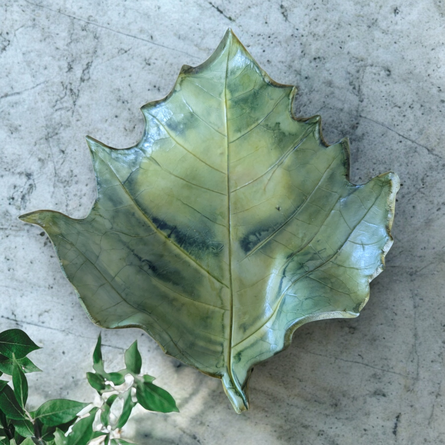 Hand Crafted Unique Green Clay Leaf Dish Sculpture 13cm