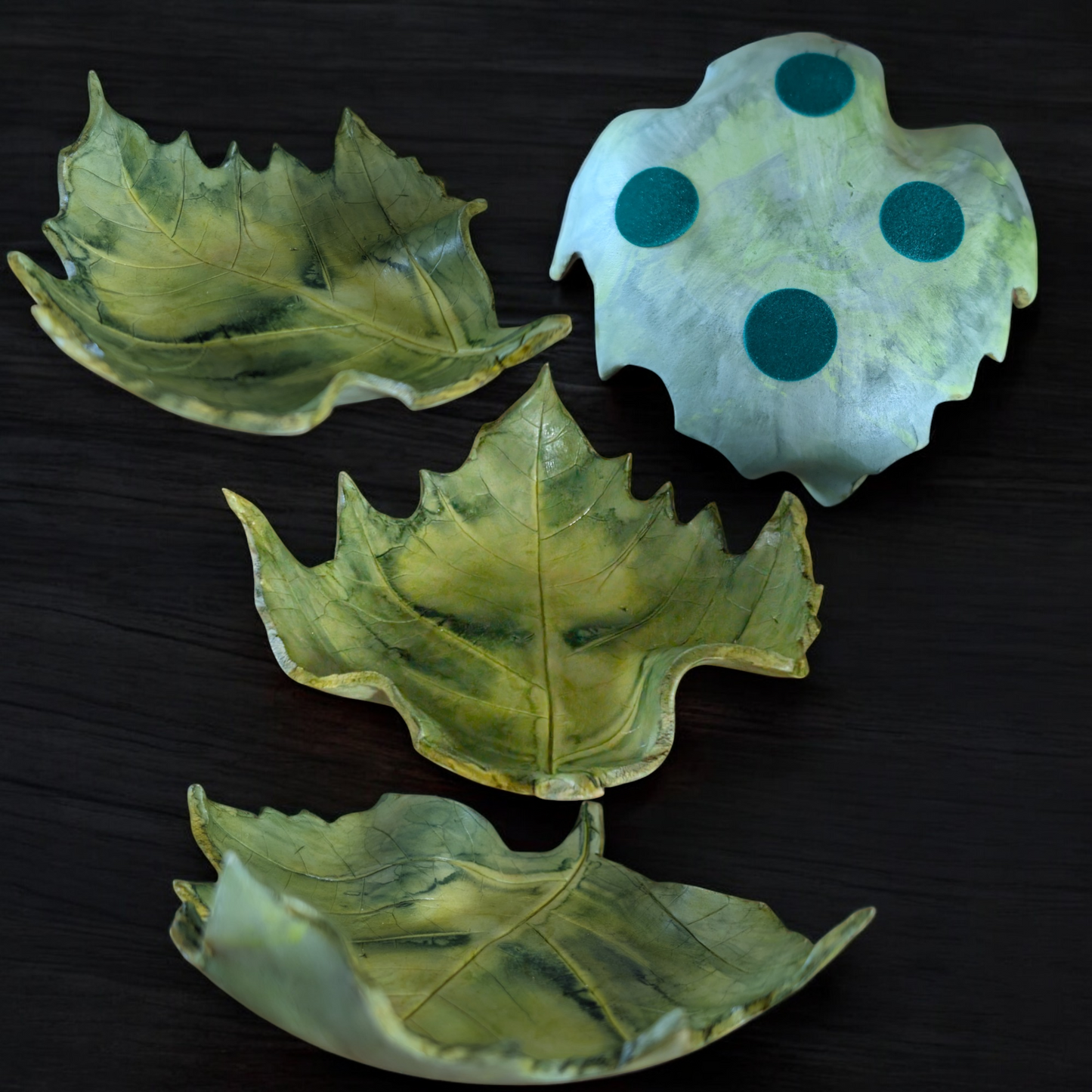 Hand Crafted Unique Green Clay Leaf Dish Sculpture 13cm