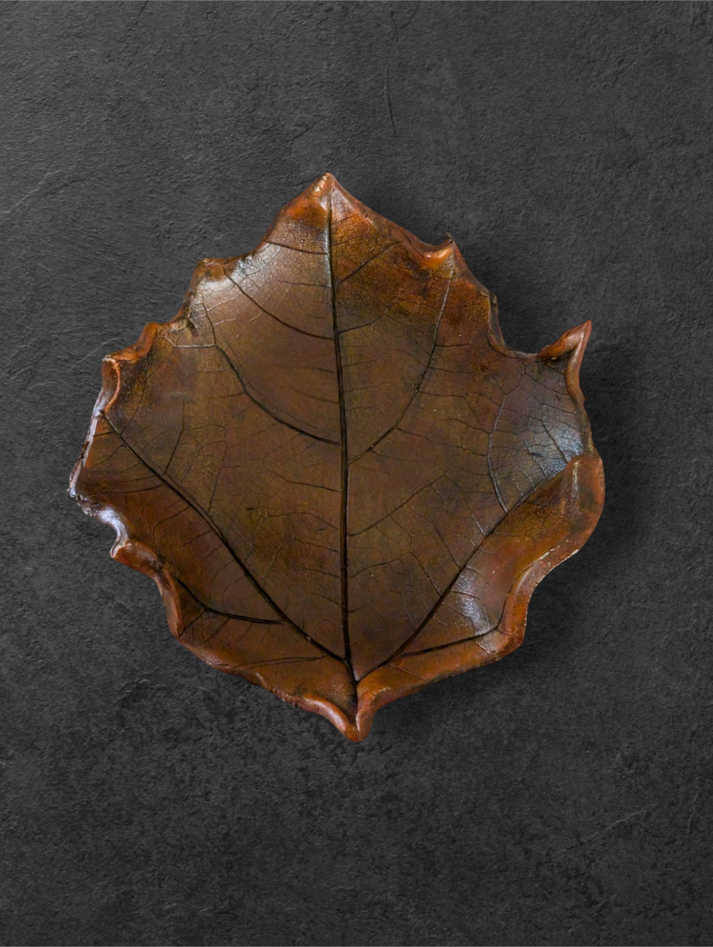 Hand Crafted Russet Brown Clay Leaf Dish Sculpture 13cm