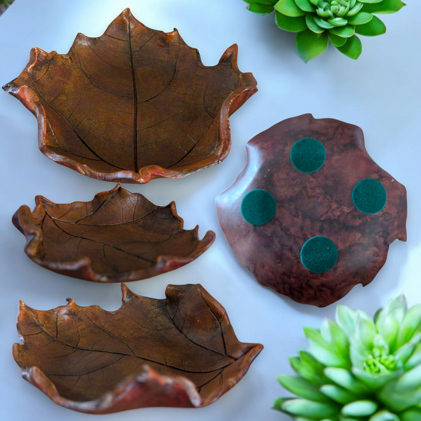 Hand Crafted Russet Brown Clay Leaf Dish Sculpture 13cm