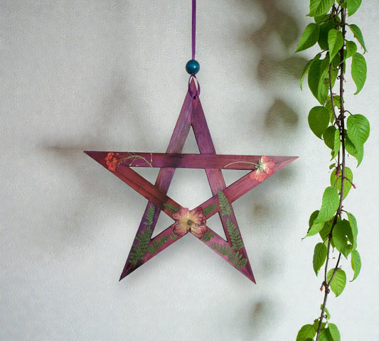 21cm Elemental Home Blessing Wooden Pentagram with Dried Flowers