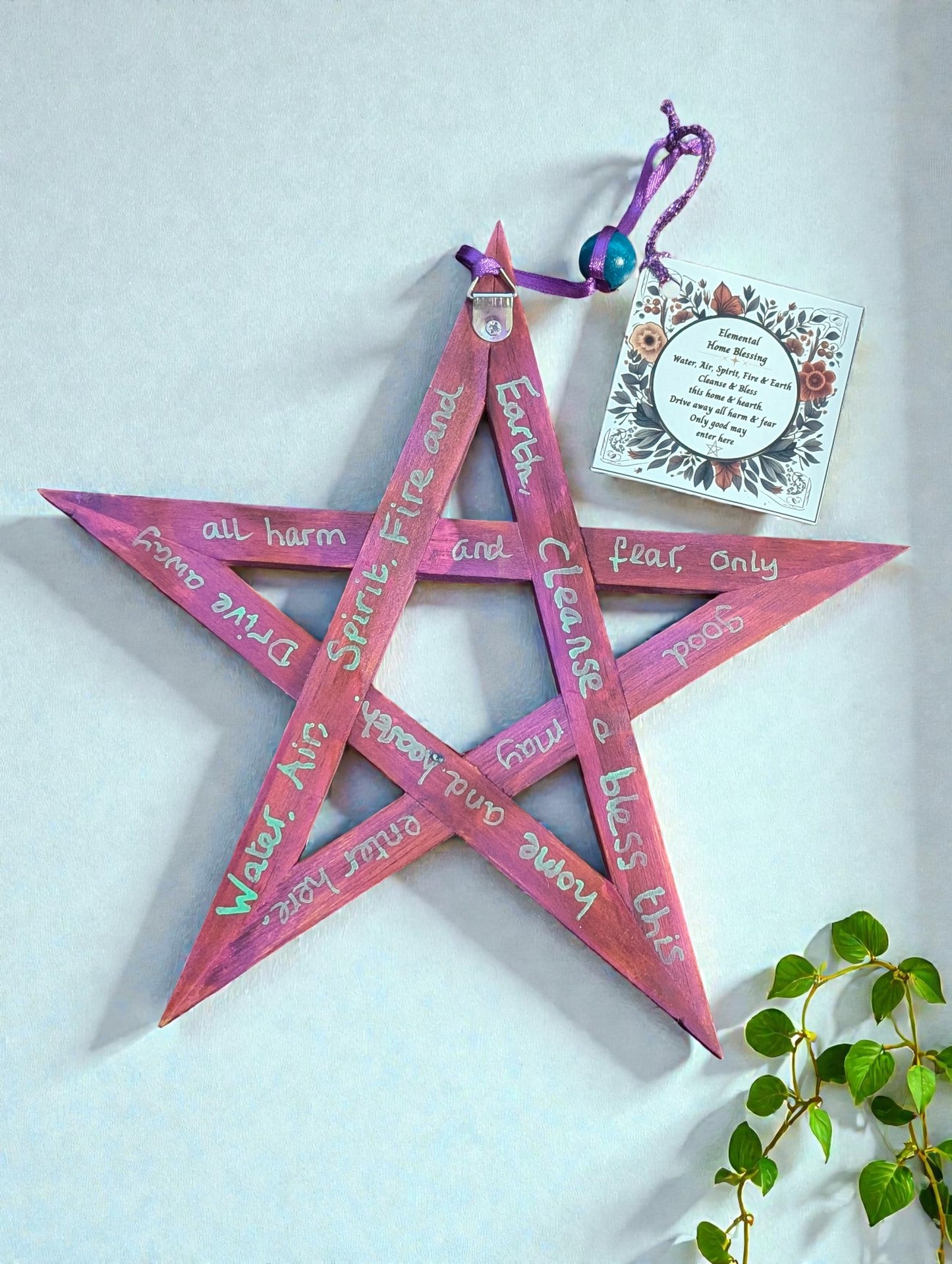 21cm Elemental Home Blessing Wooden Pentagram with Dried Flowers