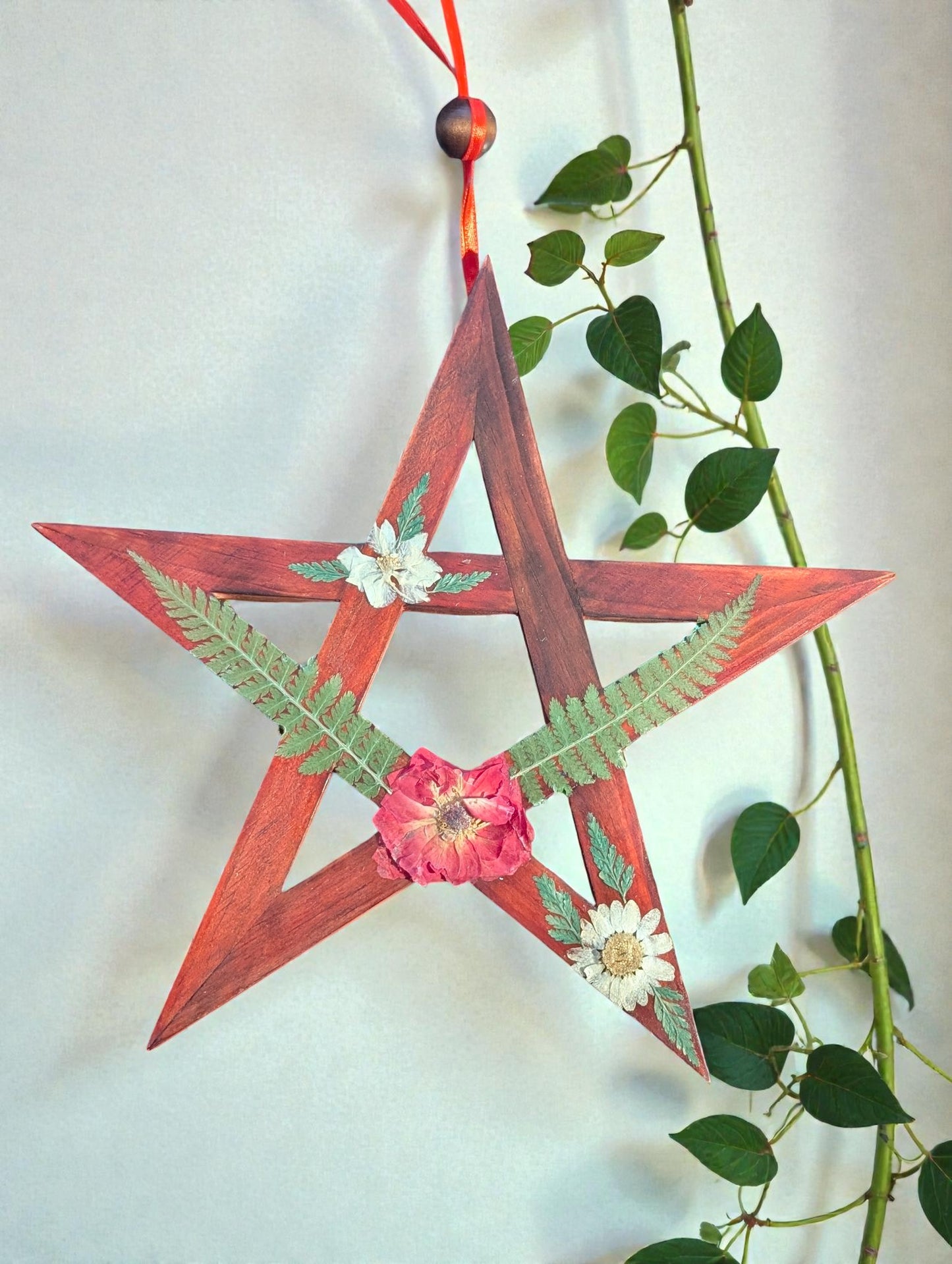 21cm Elemental Home Blessing Wooden Pentagram with Dried Flowers