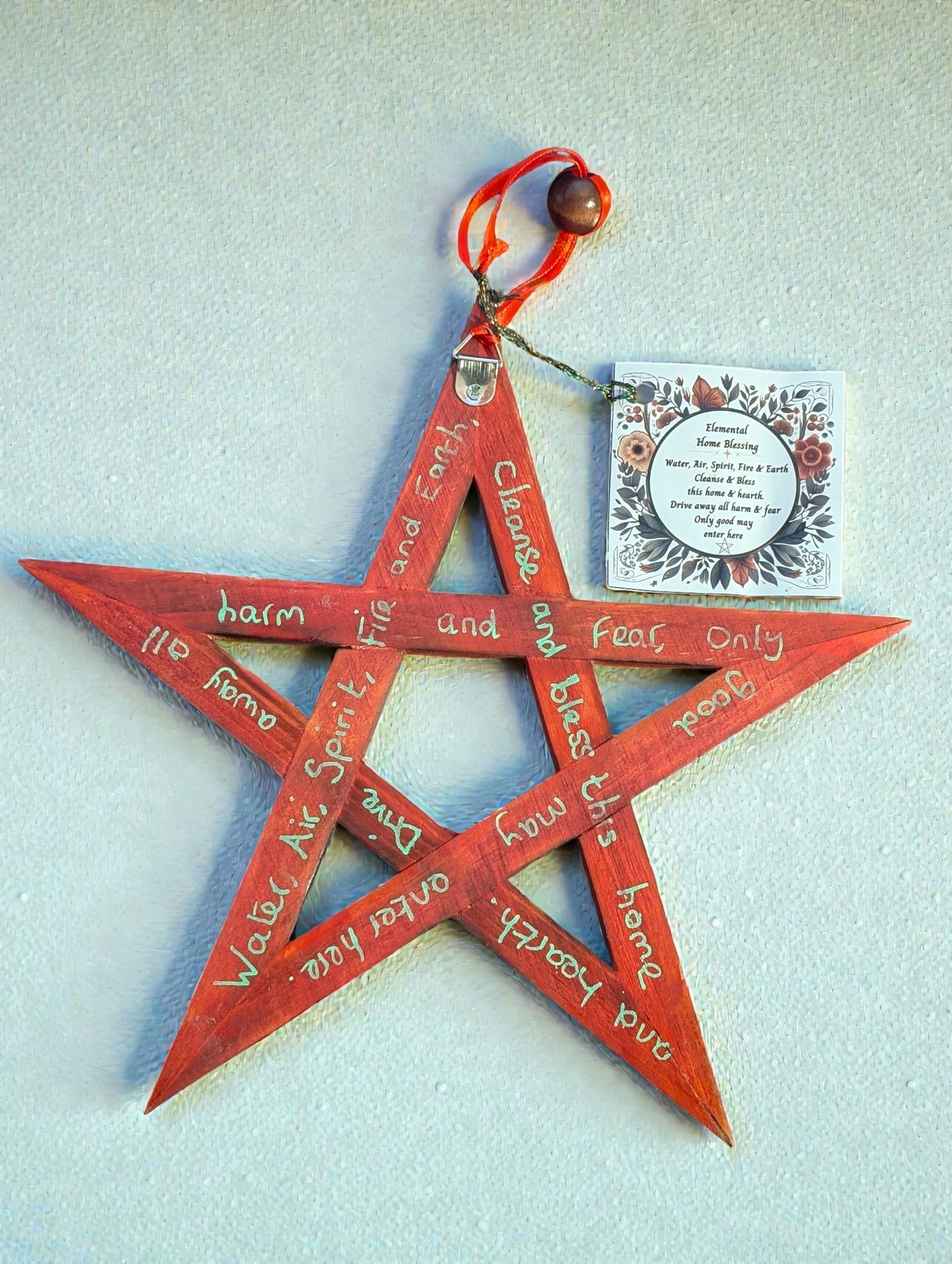21cm Elemental Home Blessing Wooden Pentagram with Dried Flowers